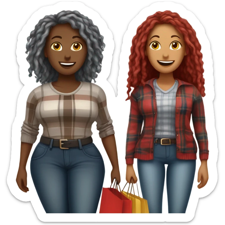 A very Curvy woman with gray locs in pants with shopping bag.  The other very curvy woman is brown with red locs in a skirt with plaid sweater shopping at yardsale sticker