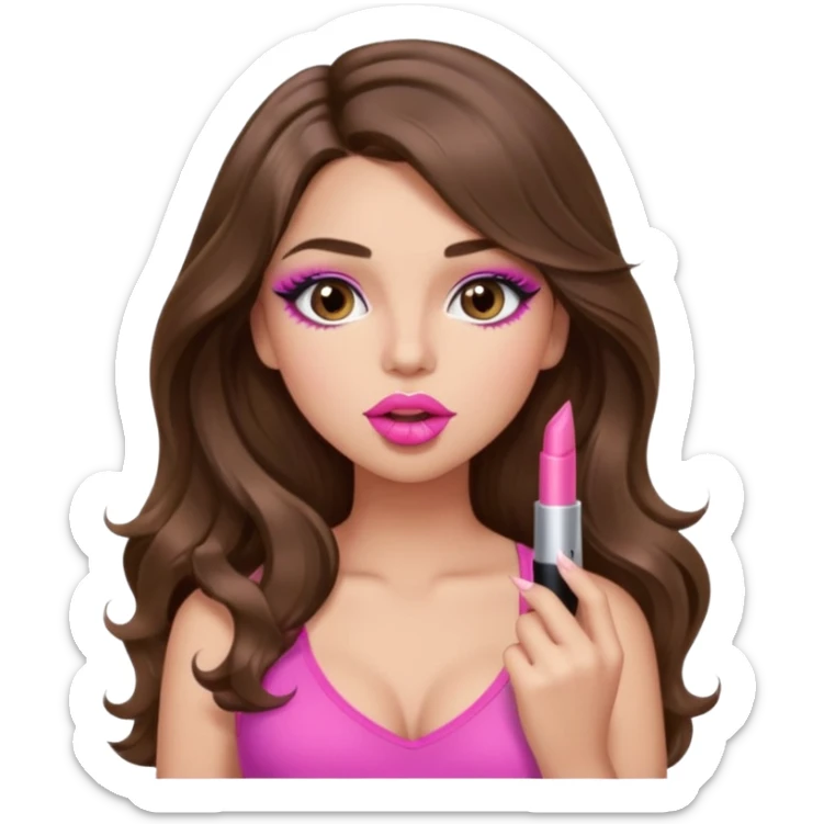 girl with long wavy brown hair, brown eyes, light to medium complexion, in a pink sexy top, pink lips, long lashes, puckered lips, putting on lipstick sticker