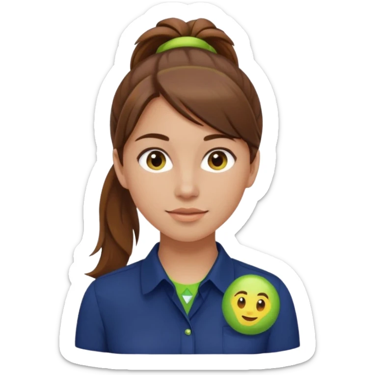 female with brown hair in ponytail, brown eyes, navy blue blouse with lime green Indie Services logo, emoji style sticker