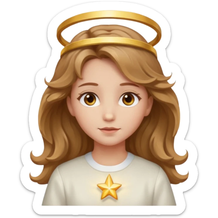 Angel girl with light brown wavy hair and hazel eyes and a halo sticker