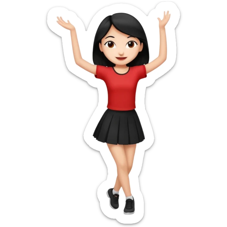Chicas esbelta con falda corta negra y top rojo,pelo semi largo negro y lacio  super feliz,pero bailando sticker