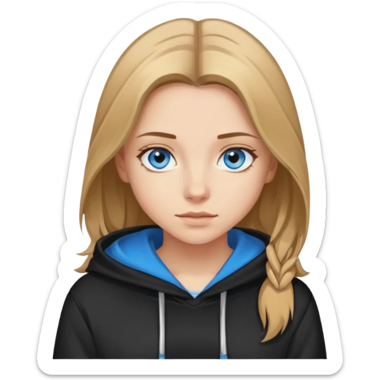 girl with blue eyes, shoulder-length brown hair with blonde highlights, wearing a black hoodie sticker