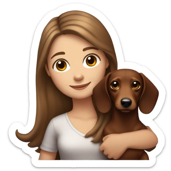 White girl long brown hair smiling and brown eyes with long eyelashes and holding a dachshund  in her arms sticker