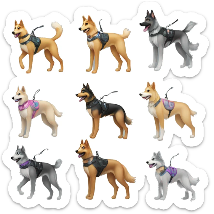 Fluffy dog saluki German shepherd husky with tattoos and holographic harness running sticker
