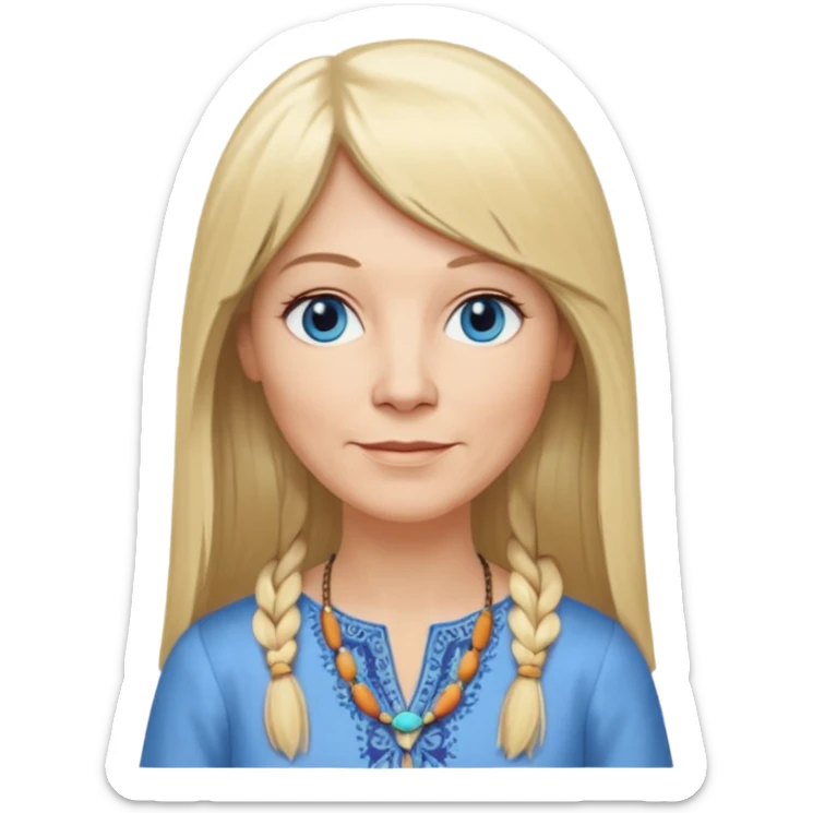 50 yr old white woman, hippie part bangs, very long straight blond hair, oval face, small smile, blue eyes, thin face, hair downback, hair parted at center of head, round cheeks, pale, longer hair, dress shirt sticker