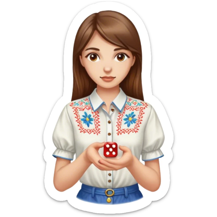 A Ukrainian girl with brown hair in an embroidered shirt holds a dice in her hand sticker