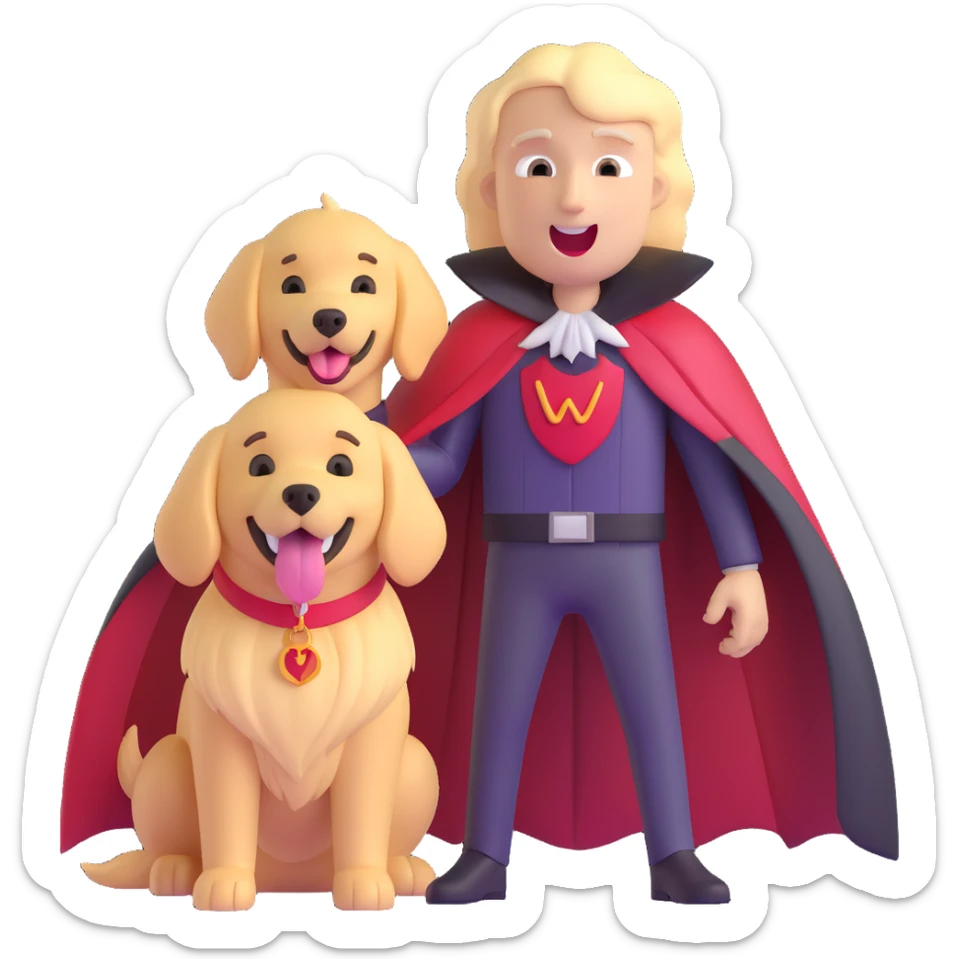 moody vampire with cape on the left, and cheerful golden retriever with tongue out on the right, both in one emoji sticker