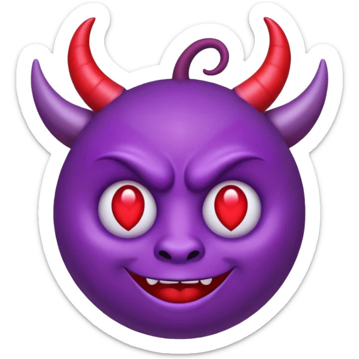 Purple demon emoji with red hearts for eyes, apple emoji, circular head with horns sticker