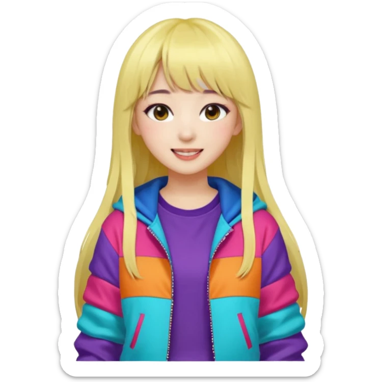 Portrait of a female K-pop idol, wearing a stylish streetwear outfit with layered colorful clothing, long hair with bangs, makeup,  sticker