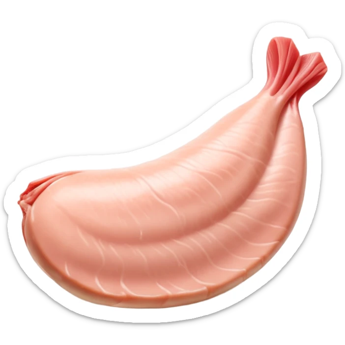 raw chicken fillet, boneless, tapered, pale pink, smooth, glossy, moist, muscle grain, gentle curves, fresh, lean, flat or curved, no plate, packaging, extra elements, or faces, clean 3D rendering, soft shadows, transparent background, emoji scale sticker