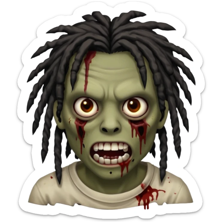 zombie with brown skin, messy black dreads hair, wide centered brown eyes, dark bloody marks under the eyes, and a slightly open mouth showing crooked teeth grillz, giving a distressed, undead look. sticker