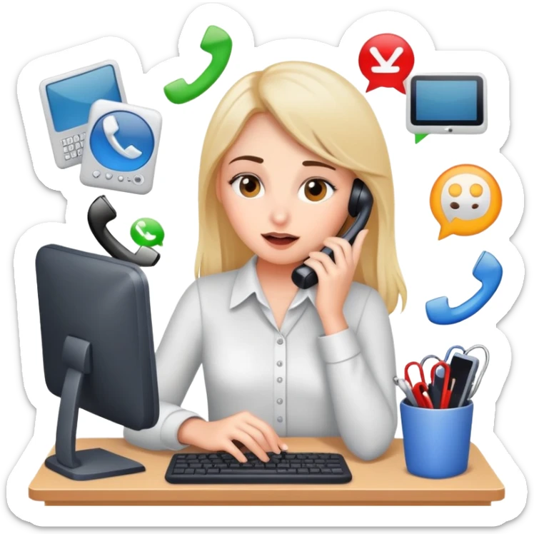 busy girl with a lot of phone calls and work, computer sticker