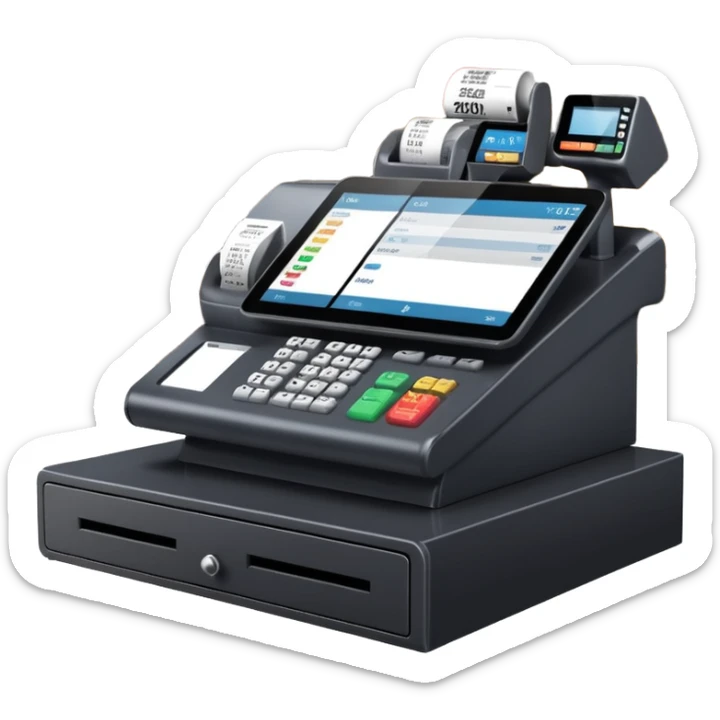 Modern shop cash register on a retail counter, ultra-realistic, 4K, photorealistic POS touchscreen, receipt printing, barcode scanner and card terminal, soft indoor lighting, realistic reflections and shadows, sharp focus, cinematic depth of field, professional photography. sticker