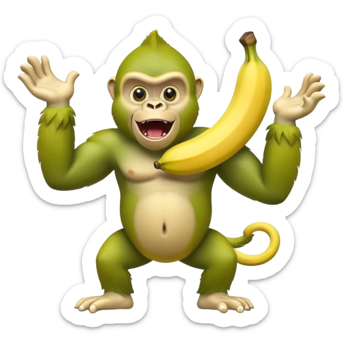 A yellow banana with arms and legs and a green gorilla head with expressive eyes sticker