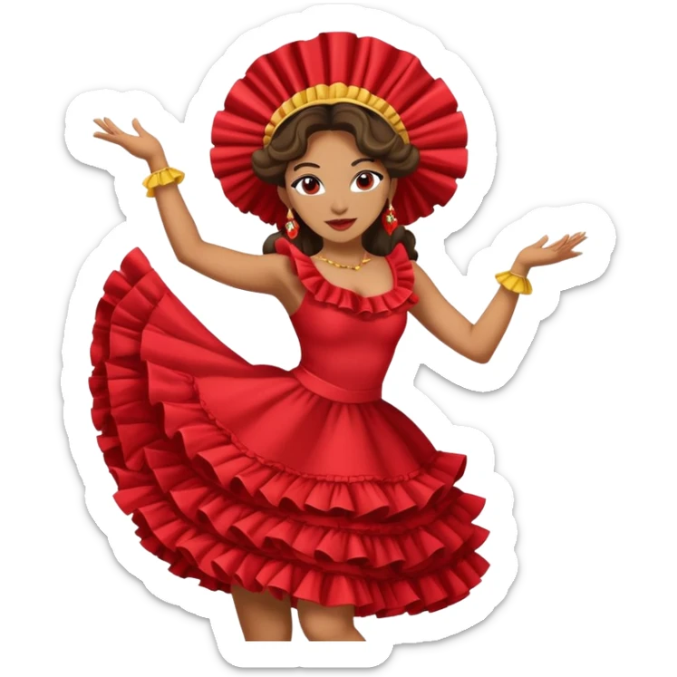 Female Colombian salsa dancer with ruffle dress, traditional Colombian headpiece, mid-dance move sticker