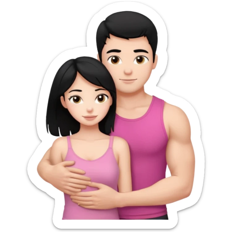 a pretty bratz fair girl. black hair, wearing a pink cami top hugging a handsome fair guy with black hair. lean but muscular who is wearing a black tshirt sticker