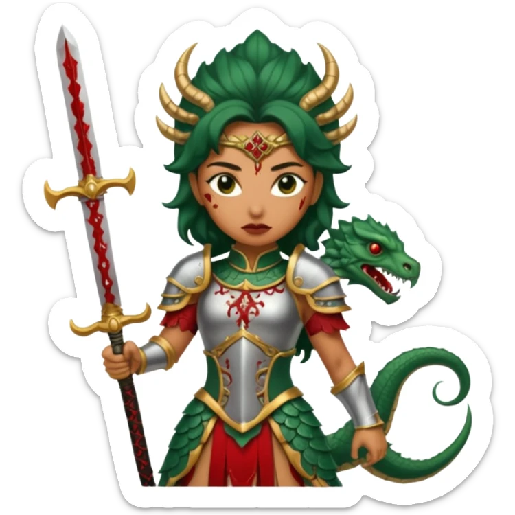 Fierce Latina in armor with a sword after a battle cutting off the head of a hydra sticker