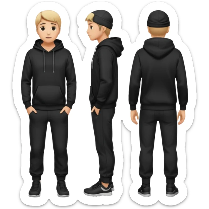 fullbody caucasian man in black hoodie on head, hands in his pockets and black pants rear backview sticker