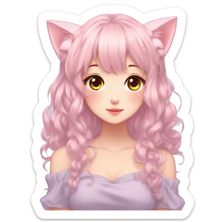 Gorgeous pastel anime girl with blushing face and hair garnitures and pretty hair and cat ears aesthetic trending style sticker