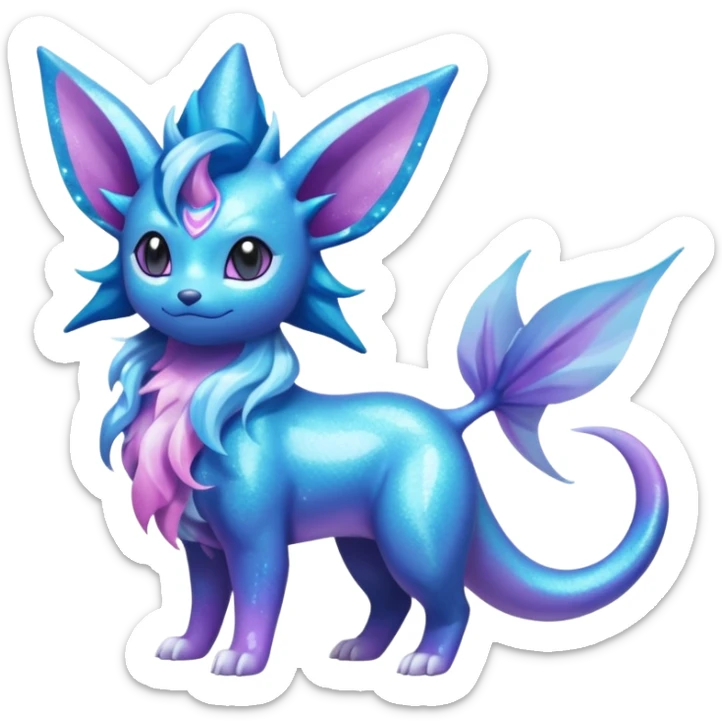 Magical scaley blue-cyan-indigo-purple-violet-pink-gradients nebula shiny glittery Suicune-Vaporeon-Primarina-Amaura-Pokémon-Fakémon-fusion, full body sticker