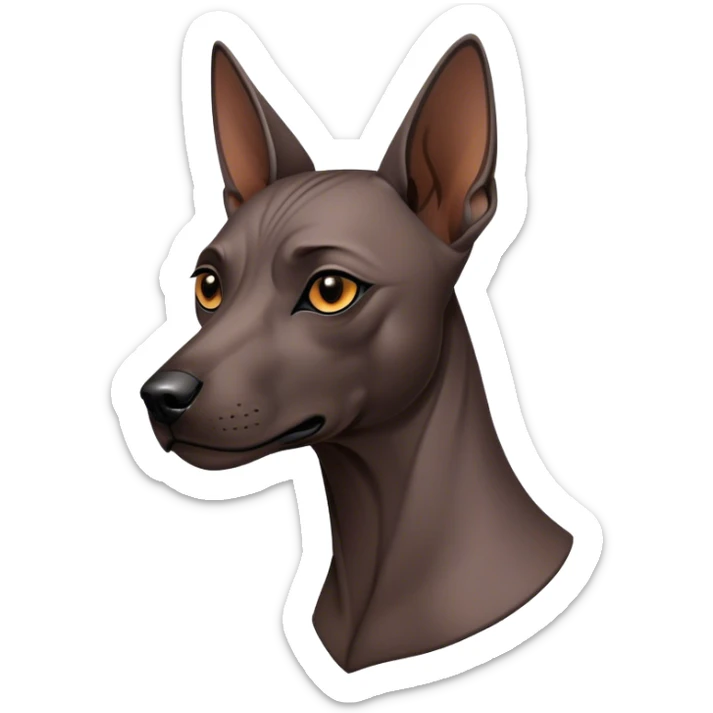 Cinematic Noble Xoloitzcuintle dog Portrait Emoji, Poised and regal, with a sleek, muscular build and smooth, hairless ebony skin accented by subtle wrinkles, deep-set soulful dark eyes, Simplified yet sharp and sophisticated features, highly detailed, glowing with a soft, dignified glow, high shine, intelligent and loyal, stylized with an air of ancient grace, focused and attentive, soft glowing outline, capturing the essence of a watchful and confident guardian, so majestic it feels as though it could stride out of the screen with effortless authority! sticker