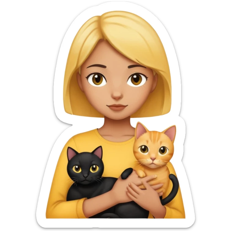 The girl is holding a black cat, a yellow shorthair cat  sticker