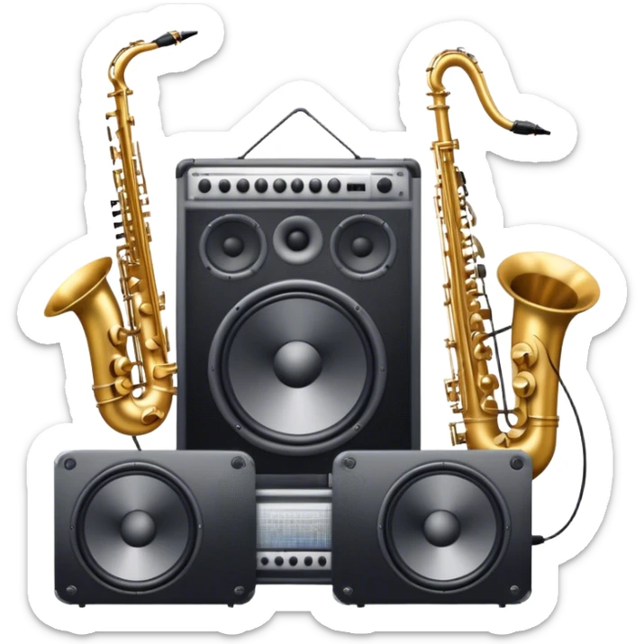 Icon for R&B Music Listening: large concert speakers and headphones with waves of musical notes coming out, along with drums, bass guitar and saxophone. The icon should convey the energetic and rhythmic vibe of R&B music. Transparent background sticker