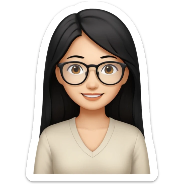 medium tan asian woman with long black hair past middle of back, round brown eyes, white v neck blouse. she has black thick frame rectangular glasses on and smilling sticker