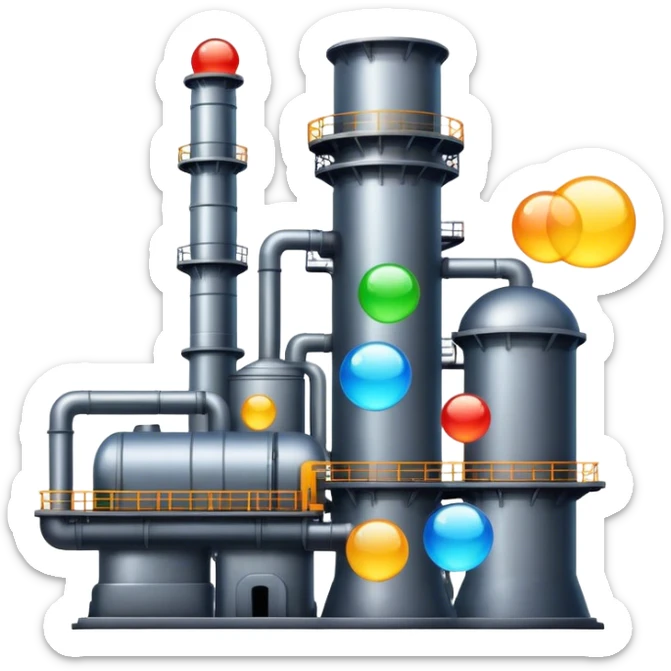 An emoji of a factory, but instead of smoke, creative ideas are coming out as glowing bubbles. sticker