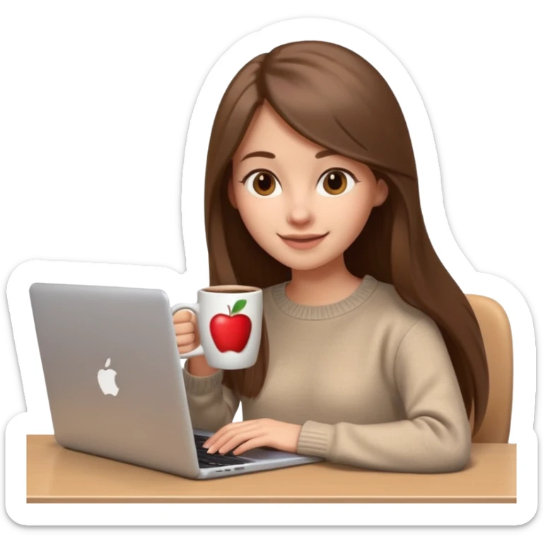 young woman, 20 years old, long straight brown hair, wearing a sweater, coffee mug beside laptop, cheerful, 3D Apple emoji style sticker