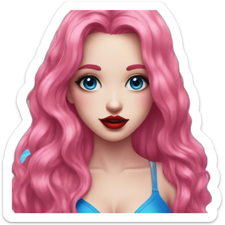 In front of swimming pools Robot young woman with this style : gothic Pin-Up pink eyes red mouth blue and long hair sticker
