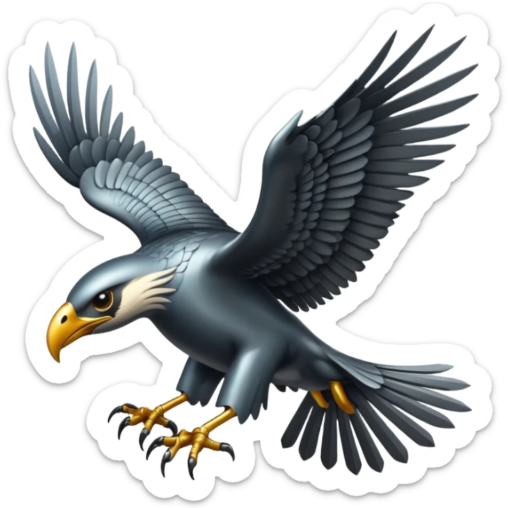 Emoji-style icon of a large metallic predatory bird flying, sharp wings, steel texture, dramatic pose, no gold sticker