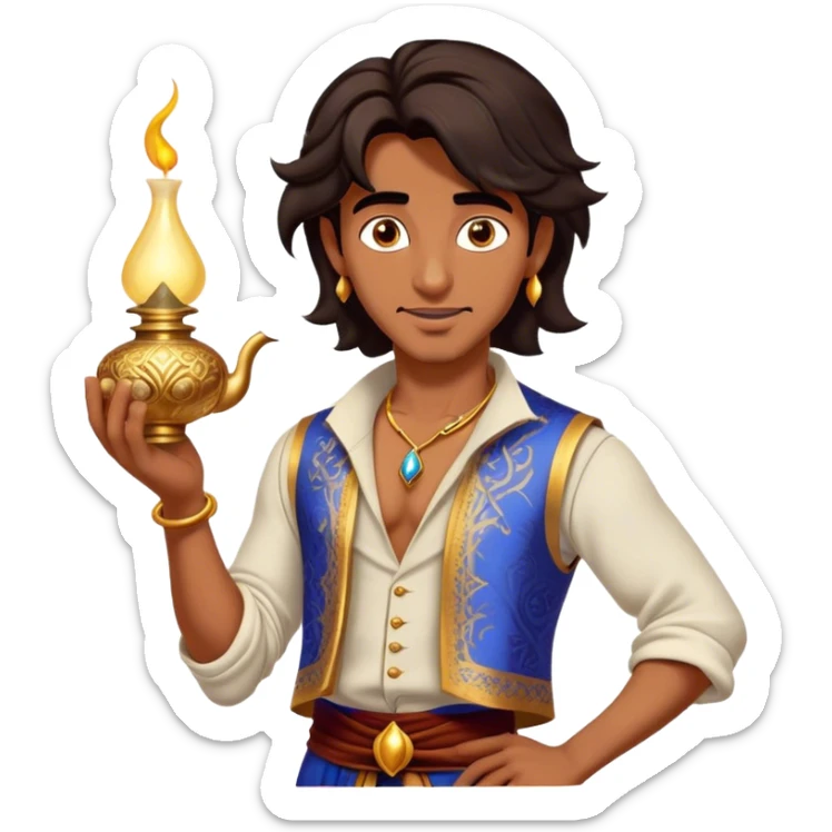 Cinematic Realistic Aladdin Portrait, depicted with lifelike, warm skin textures and a confident yet approachable gaze. His dark, wind-tousled hair frames expressive eyes full of adventure and kindness. Dressed in his iconic vest and loose trousers with intricate detailing, he holds a subtle glimmer of a magic lamp, all rendered under soft natural lighting with a radiant glow that captures his resourceful spirit. sticker