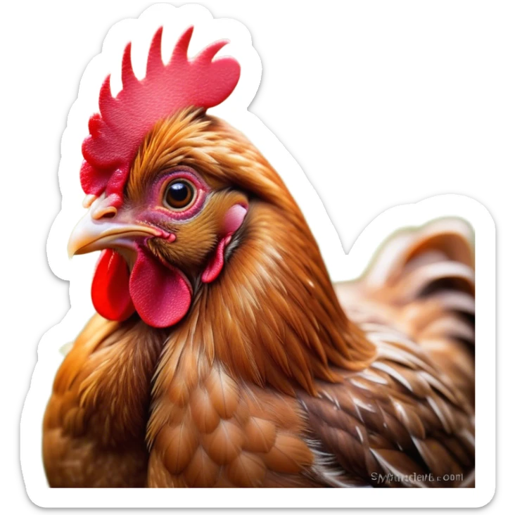 Cinematic Cute Brown Chicken Portrait Emoji, Head tilted playfully and inquisitively, featuring a lustrous brown feathered coat with a natural sheen and a subtle red comb, round, sparkling beady eyes filled with curiosity, Simplified yet irresistibly adorable features, highly detailed, glowing with a warm, friendly glow, high shine, affectionate and lively, stylized with a touch of country charm, bright and endearing, soft glowing outline, capturing the essence of a mischievous yet loving chicken, so playful it feels like it could peck out of the screen and into your arms! sticker