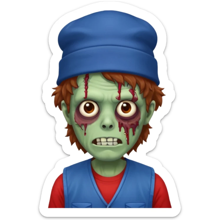 brown fluffy hair zombie with blue and white hat dark blue jilet red t shirt sticker
