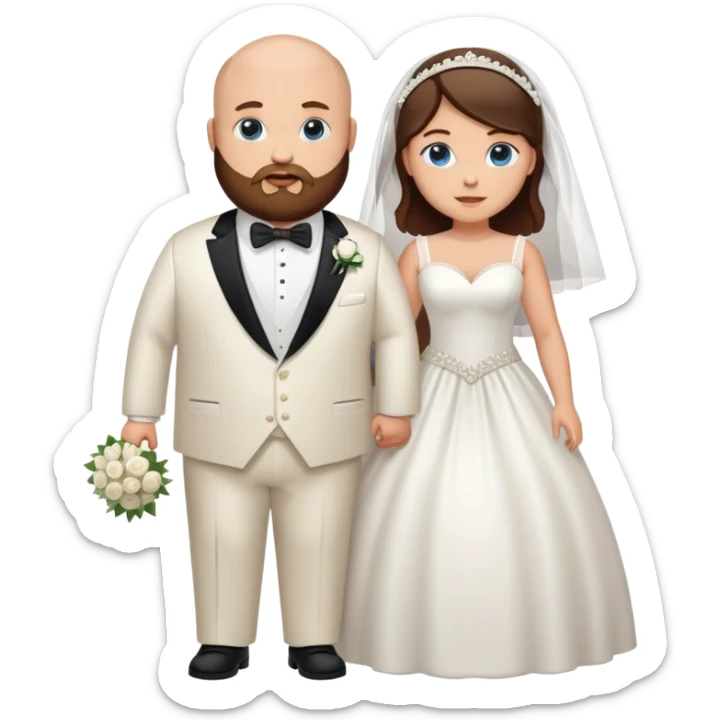 blue-eyed overweight bald man with a beard in a tux and brunette brown-eyed bride sticker