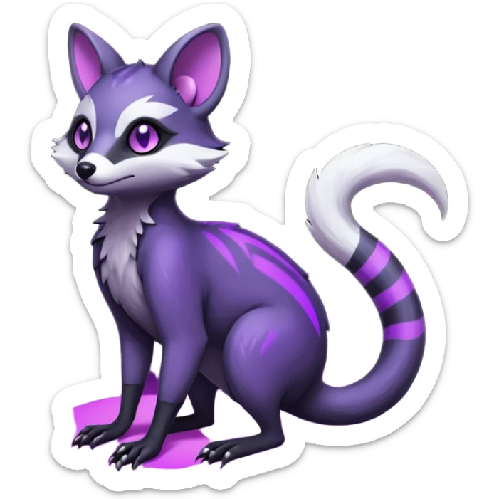 Obsidian-onyx-black and glowing neon-purple, shiny blind eyes, magical fantasy-Genet-Sentret-Marsupial-Possum-Vernid-Sergal-Fakémon-hybrid, by LiLaiRa-griffsnuff, full body sticker