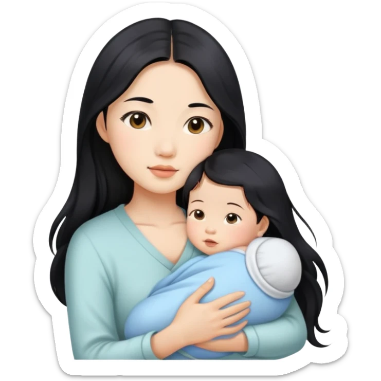 Beautiful Asian girl with long black hair holding newborn sticker