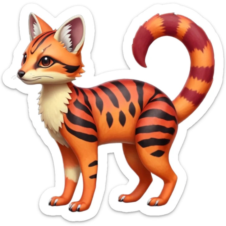 Rare realistic red burgundy sanguine orange black gradients lush tropical exotic cute epic pretty beautiful handsome gorgeous aesthetic colorful vibrant Vernid-Protogen-Primagen-Wickerbeast-Genet-Trico-species-Fakemon-hybrid-creature by LiLaiRa, beautiful intricate markings, full body sticker