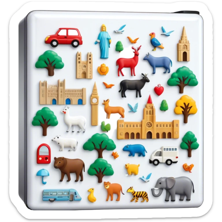 Icon for Magnet Collecting: a close-up of a fridge door covered with a variety of magnets, featuring cities, animals, symbols. The icon should highlight the diversity and charm of magnet collections. Transparent background. sticker