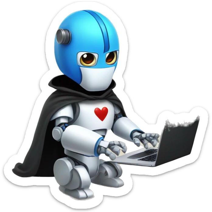 Blue paws, white body, red ears, a robot with a mask over his blue eyes, in a black cloak, holding a laptop and writing something on it sticker