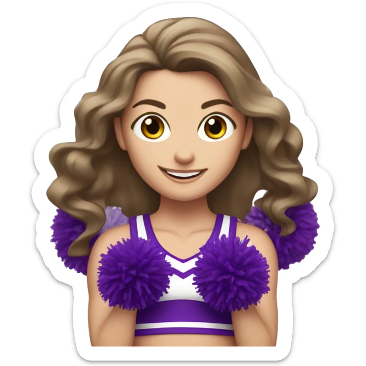 Caucasian cheerleader with long brown hair, holding up two purple Pom poms sticker