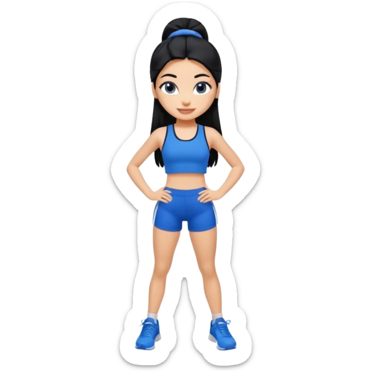 a pretty bratz tan girl who is skinny, hair color is black. wearing blue gym clothes.  sticker
