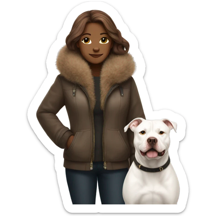 white woman with long brown hair in a furry jacket standing alongside a white pitbull sticker