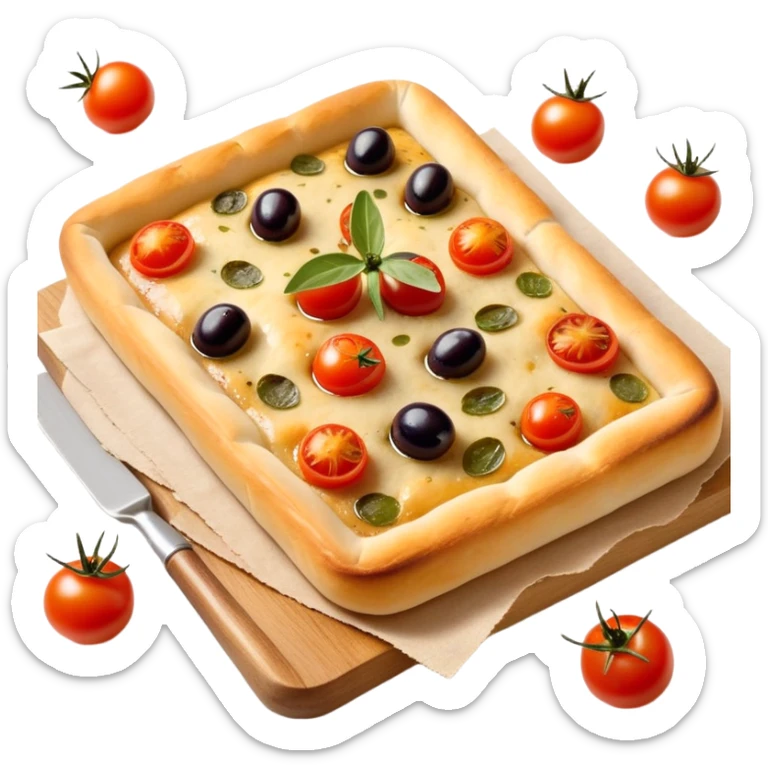 cinematic-realistic-focaccia-bread-dish-emoji,-depicted-as-a-golden,-olive-oil-brushed-flatbread-sprinkled-with-herbs-rendered-with-lifelike-texture-and-soft,-appetizing-lighting showing olives on top and the cherry tomatoes sticker