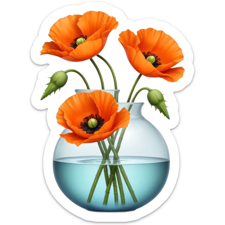three big realistic orange poppy flowers in a clear vase with clear water sticker