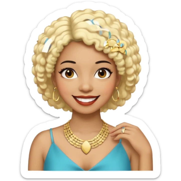 Black woman with short black afro hair, blonde hair clip, thin necklace, about 30 years old, big smile, event manager vibe sticker