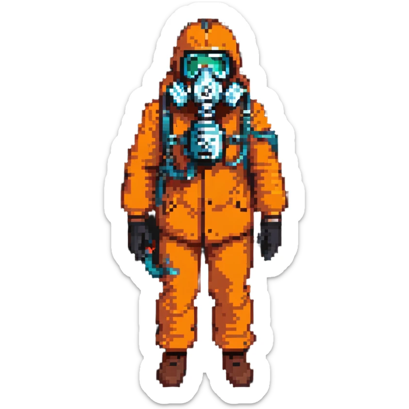 person in an orange suit, wearing a gas mask and black gloves sticker