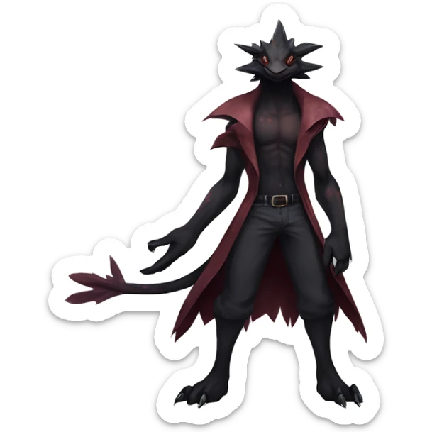 cool edgy black and maroon Dark-type nargacuga Salandite Pokémon full body by LiLaiRa, by Falvie sticker