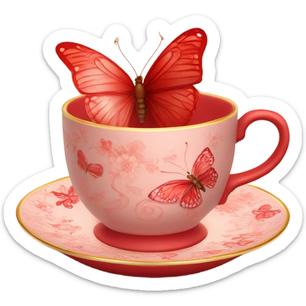 A delicate red butterfly with pastel red wings, resting on the edge of a light red porcelain teacup adorned with intricate floral patterns. sticker